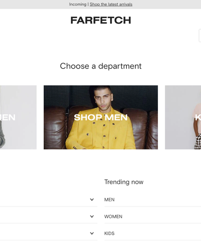 The landing page for the Farfetch Website (April, 2023)