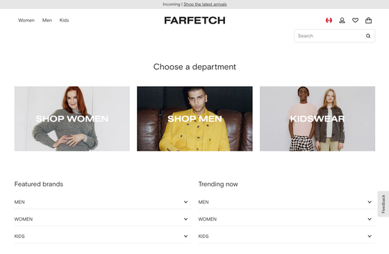 The landing page for the Farfetch Website (April, 2023)