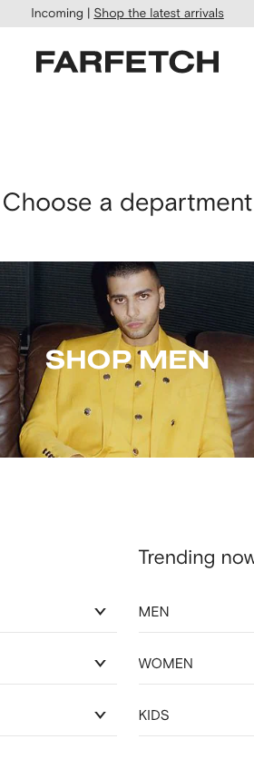 The landing page for the Farfetch Website (April, 2023)