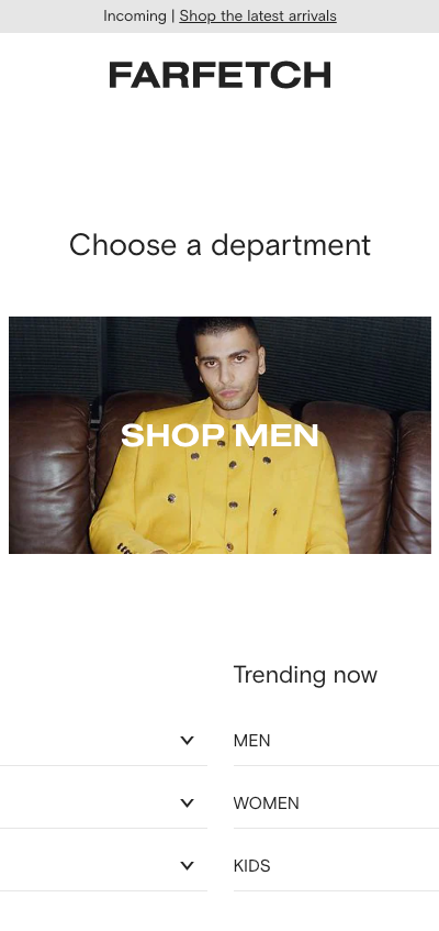 The landing page for the Farfetch Website (April, 2023)