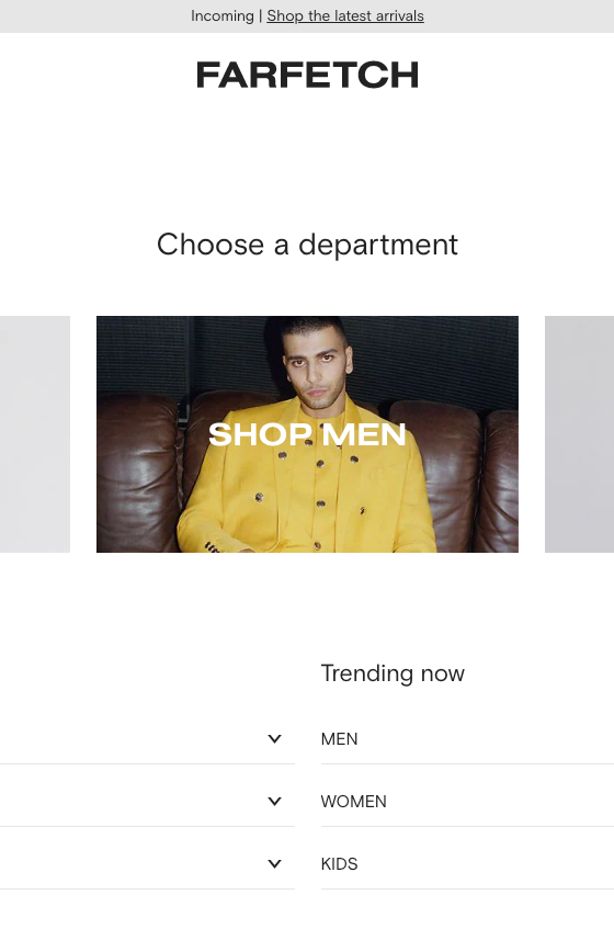 The landing page for the Farfetch Website (April, 2023)