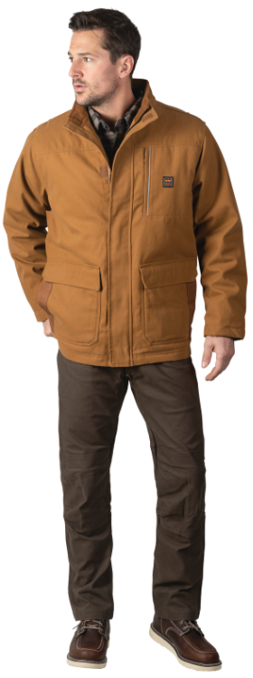 A man wearing a Walls brown work jacket and dark pants