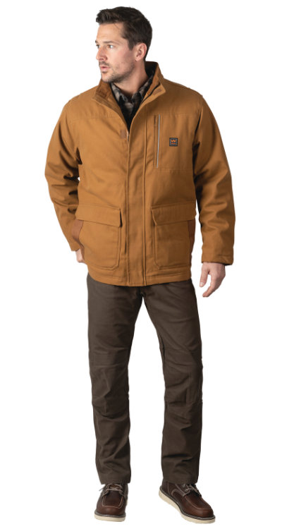 A man wearing a Walls brown work jacket and dark pants