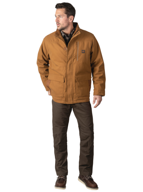 A man wearing a Walls brown work jacket and dark pants
