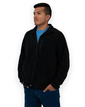 A man wearing a casual Key Apparel zip sweater with a blue shirt underneath