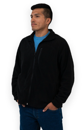 A man wearing a casual Key Apparel zip sweater with a blue shirt underneath