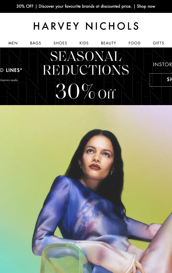 The landing page for the Harvey Nichols Website (April, 2023)
