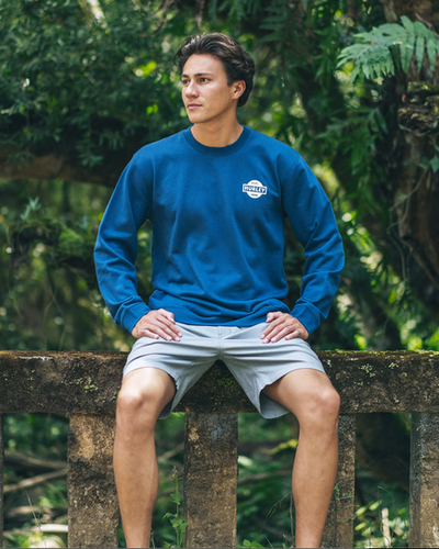 A man wearing a Hurley long-sleeve blue short and board shorts