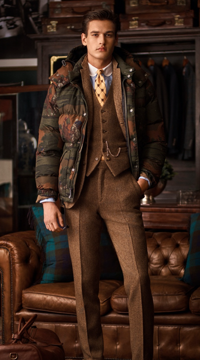 A man wearing a formal Polo Ralph Lauren outfit in different tones of brown
