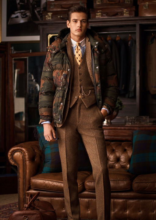 A man wearing a formal Polo Ralph Lauren outfit in different tones of brown