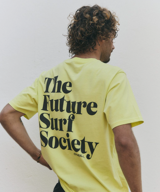 A man wearing a yellow O'Neill t-shirt that says 'the future surf society'