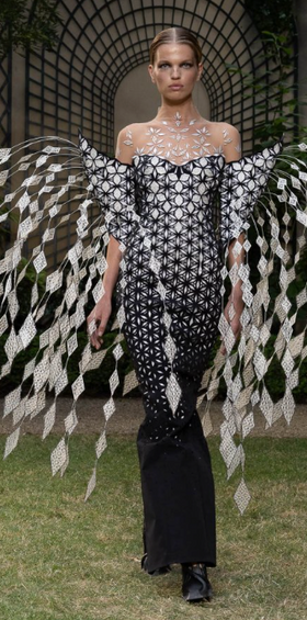 A woman wearing a floral extravagant dress by Iris Van Herpen