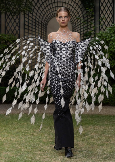 A woman wearing a floral extravagant dress by Iris Van Herpen