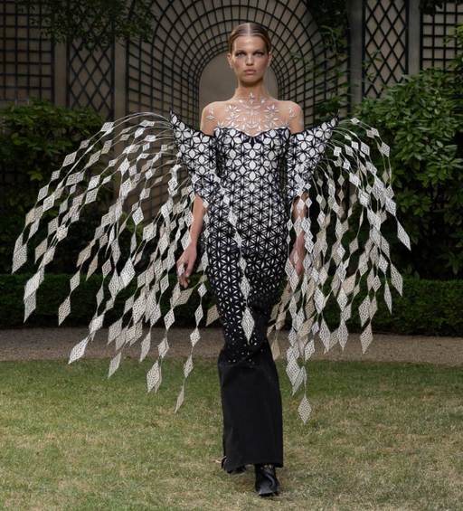 A woman wearing a floral extravagant dress by Iris Van Herpen