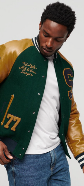 A man wearing a Superdry Varsity Jacket in green and brown