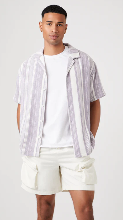 A man wearing a Forever 21 striped button up short-sleeve shirt with a white shirt underneath