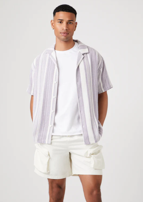 A man wearing a Forever 21 striped button up short-sleeve shirt with a white shirt underneath