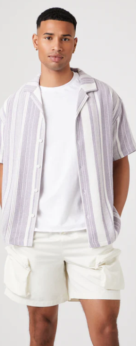 A man wearing a Forever 21 striped button up short-sleeve shirt with a white shirt underneath