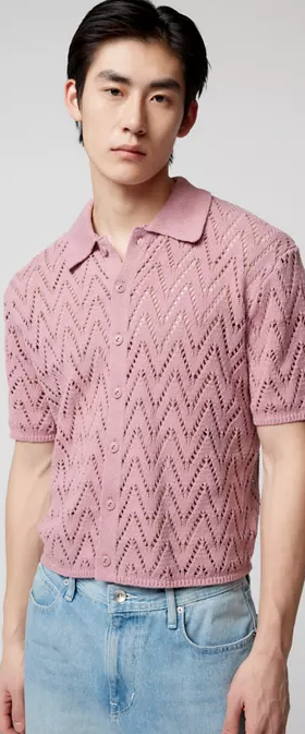 A man wearing a trendy Urban Outfitters pink collared shirt and denim pants
