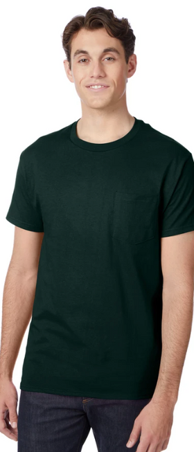 A man wearing a black Hanes t-shirt and jeans