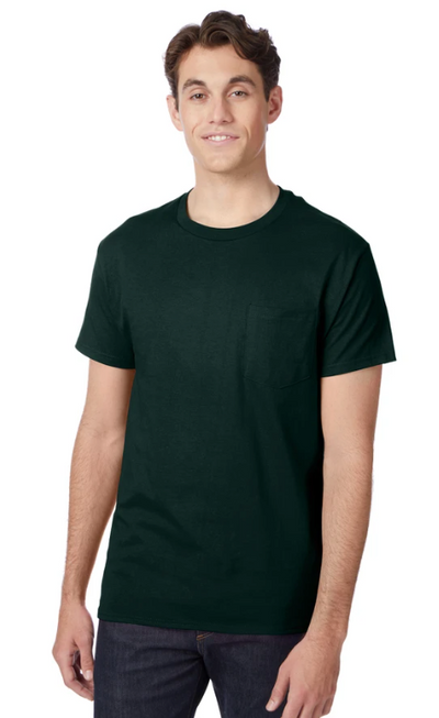 A man wearing a black Hanes t-shirt and jeans