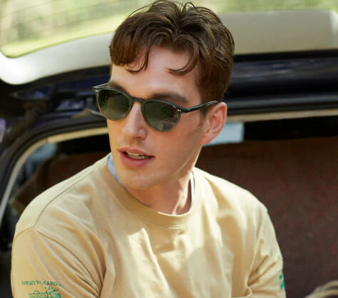 A man wearing a pair of krewe sunglasses while wearing a yellow shirt