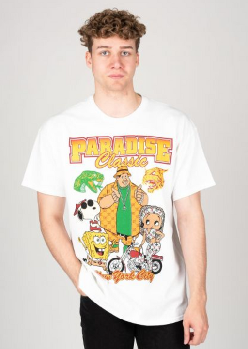 A man wearing a Paradise NYC white graphic-heavy t-shirt