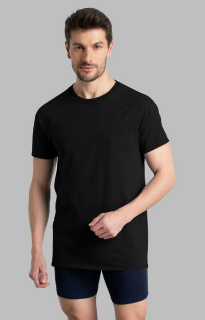 A man wearing a black t-shirt and briefs by Fruit of the Loom