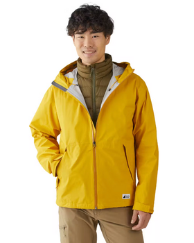 A man wearing a yellow MEC jacket and brown fleece
