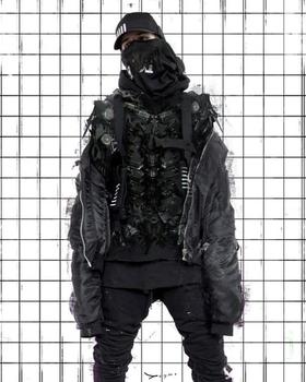 A man wearing a black 0608wear techwear outfit featuring jacket, mask and hat
