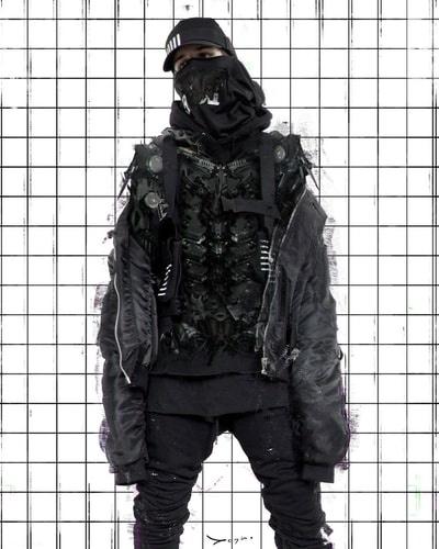 A man wearing a black 0608wear techwear outfit featuring jacket, mask and hat