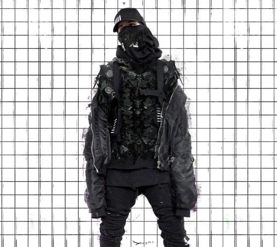 A man wearing a black 0608wear techwear outfit featuring jacket, mask and hat