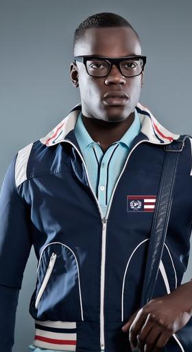 A man wearing a PHAT FARM zip up and a modern blue button up