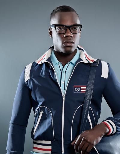 A man wearing a PHAT FARM zip up and a modern blue button up
