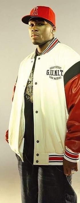 50 cent wearing a red and white G-unit outfit