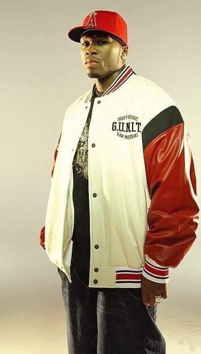 50 cent wearing a red and white G-unit outfit