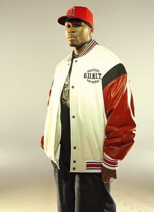50 cent wearing a red and white G-unit outfit