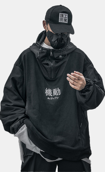 A man wearing an atlas1 black jacket with a matching hat and mask