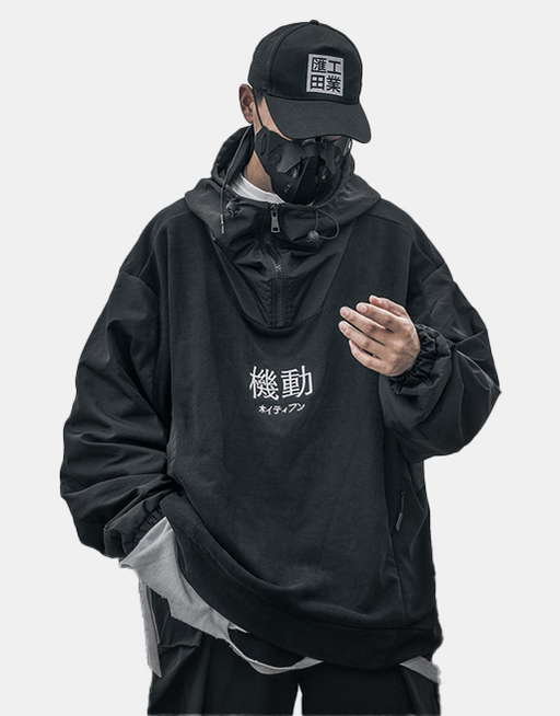 A man wearing an atlas1 black jacket with a matching hat and mask