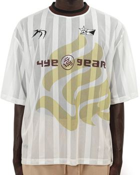 A man wearing a 4YE 4Yall Entertainment striped white jersey