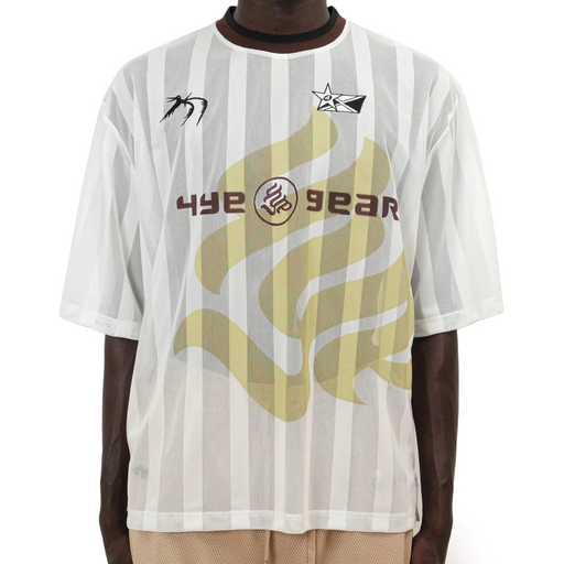 A man wearing a 4YE 4Yall Entertainment striped white jersey