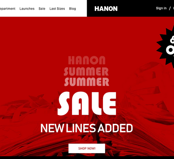 The landing page for Hanon Shop website (September, 2023)