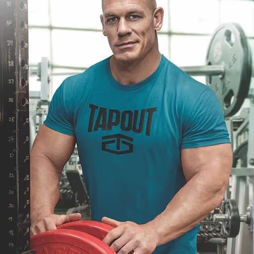 Jon Cena wearing a tapout shirt in aqua while weightlifting