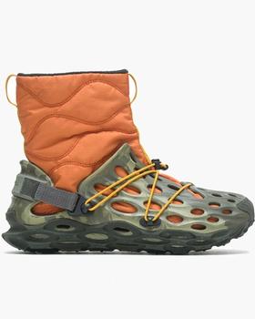 A pair of Merrelll boots that have an orange padded slip on looking like Crocs