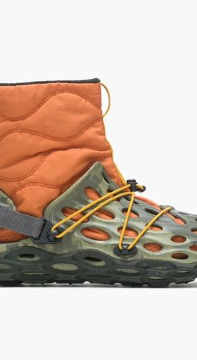 A pair of Merrelll boots that have an orange padded slip on looking like Crocs