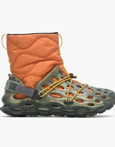 A pair of Merrelll boots that have an orange padded slip on looking like Crocs