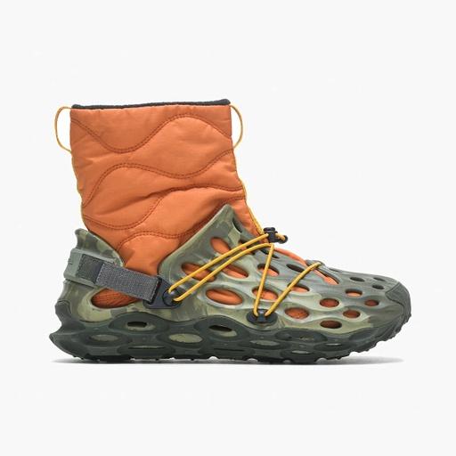 A pair of Merrelll boots that have an orange padded slip on looking like Crocs