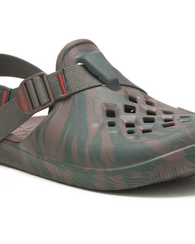 A pair of green camo Chacos