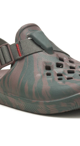 A pair of green camo Chacos