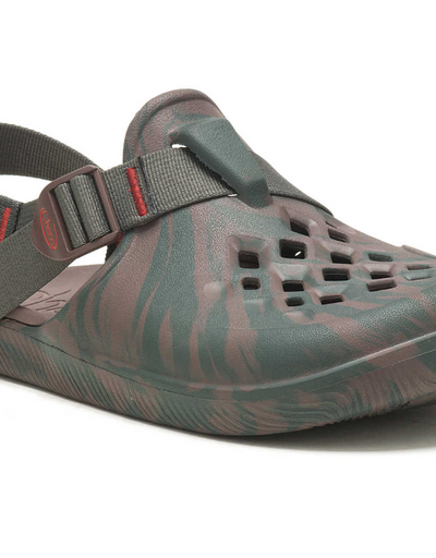 A pair of green camo Chacos